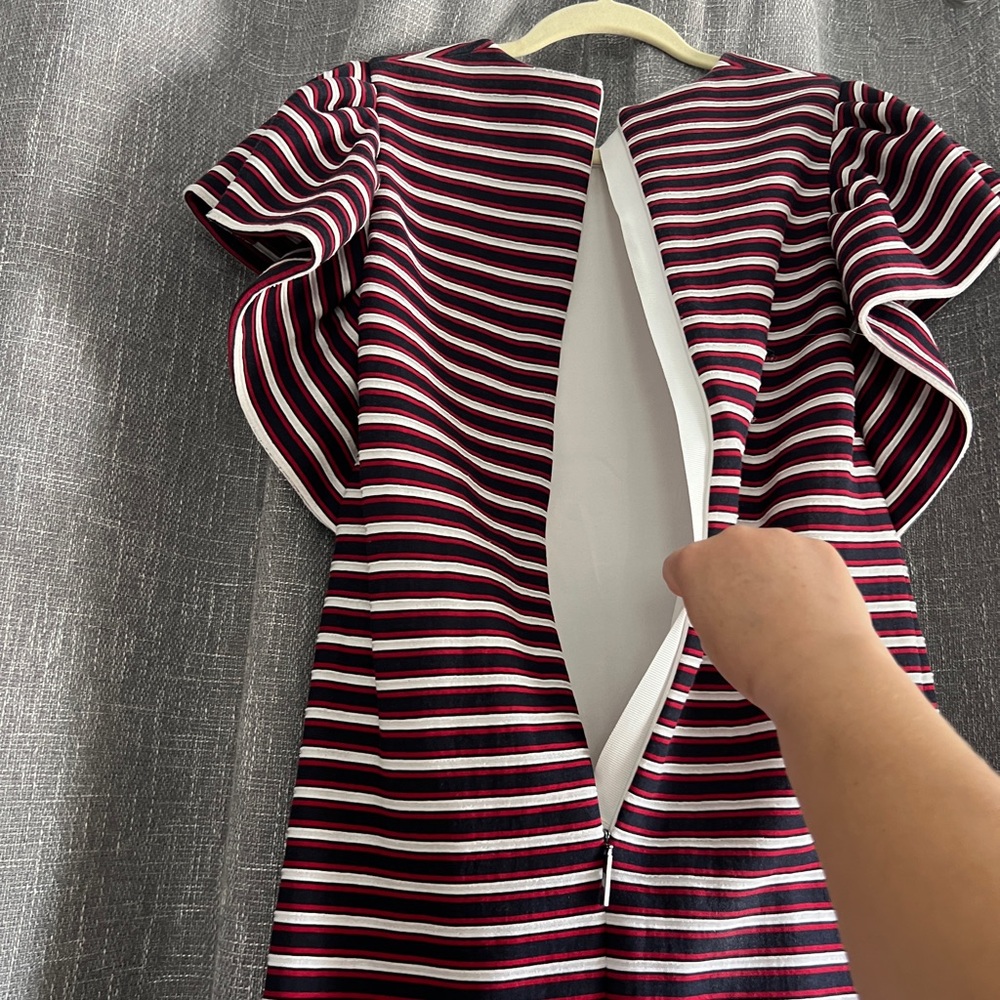 MSGM Milan red white & blue striped dress with ruffle short sleeves & pockets - Picture 10 of 16